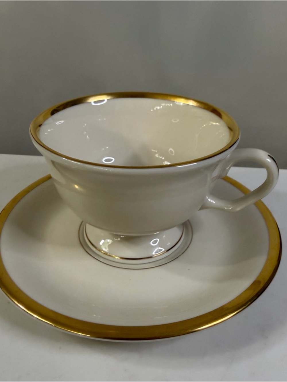 Vintage Pickard Elegant White Teacup and Saucer with Gold Trim